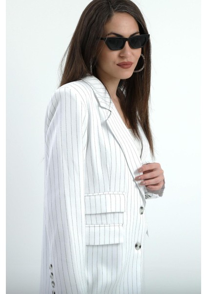 Üç Cep Kapaklı Çizgili Poliviskon Ceket - Ekru