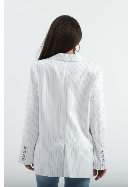 Üç Cep Kapaklı Çizgili Poliviskon Ceket - Ekru