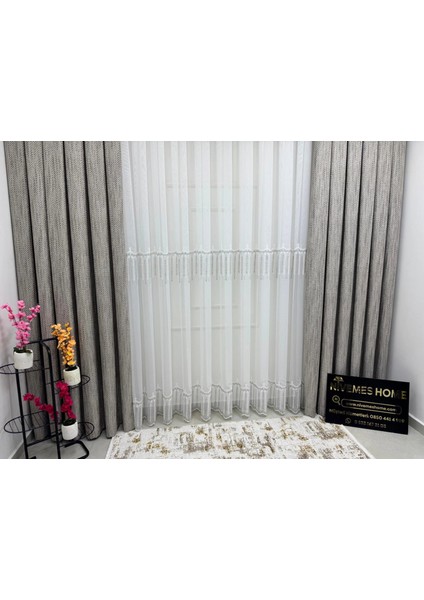Nivemeshome 2571 V -105 Reina Gümüş 1/2,5 Pileli Bambu Tül Perde