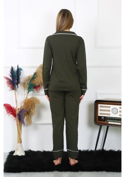 Giyim Kadın Pamuk Penye Önden Düğmeli Uzun Kol Haki Pijama Takım fırsatları