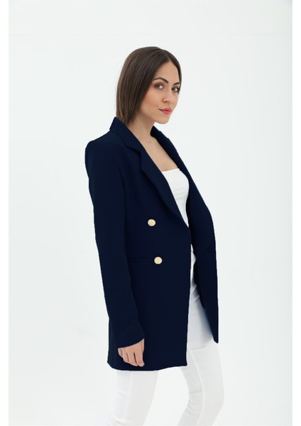 Omuzları Vatkalı Önü Çıtçıtlı Atlas Kumaş Kadın Blazer Ceket - Lacivert fiyatları