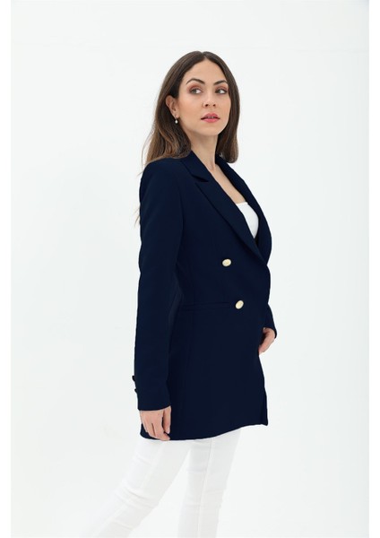 Omuzları Vatkalı Önü Çıtçıtlı Atlas Kumaş Kadın Blazer Ceket - Lacivert modelleri