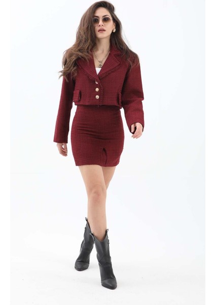 Kruvaze Yaka Cep ve Püskül Detaylı Ceket - Bordo