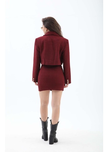 Kruvaze Yaka Cep ve Püskül Detaylı Ceket - Bordo