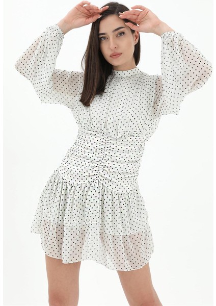 Büzgülü Puantiyeli Şifon Elbise - Ekru fiyatları