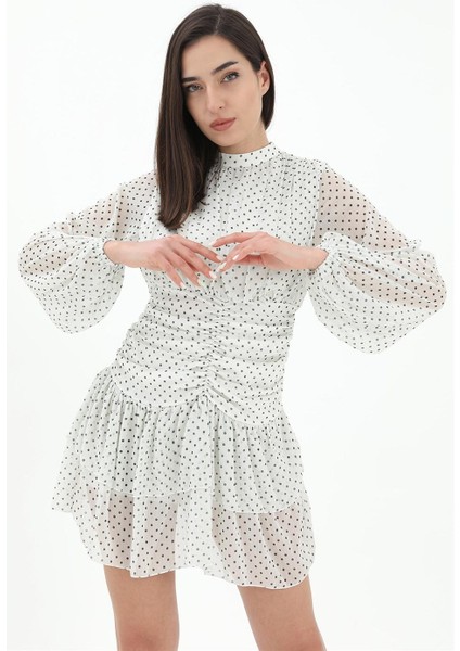 Büzgülü Puantiyeli Şifon Elbise - Ekru fırsatları