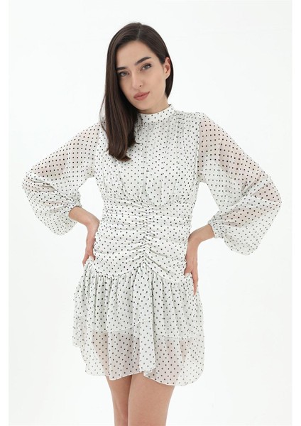 Büzgülü Puantiyeli Şifon Elbise - Ekru indirimleri