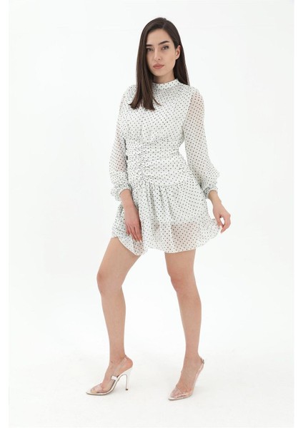 Büzgülü Puantiyeli Şifon Elbise - Ekru