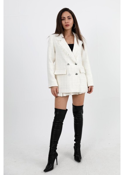 Yakası Püsküllü Düğmeli Tüvit Blazer Ceket - Ekru fiyatları