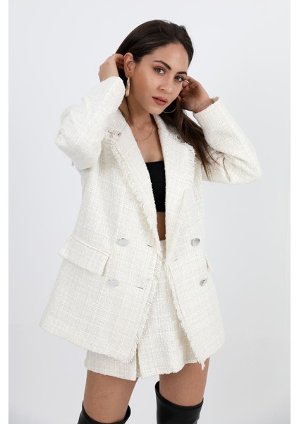 Yakası Püsküllü Düğmeli Tüvit Blazer Ceket - Ekru