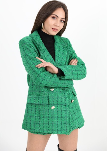 Yakası Püsküllü Düğmeli Tüvit Blazer Ceket - Yeşil modelleri