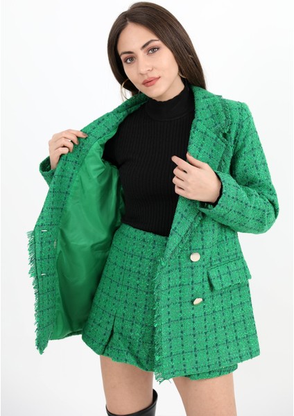 Yakası Püsküllü Düğmeli Tüvit Blazer Ceket - Yeşil fırsatları