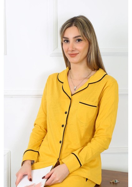 Giyim Kadın Pamuk Penye Önden Düğmeli Uzun Kol Sarı Pijama Takım modelleri