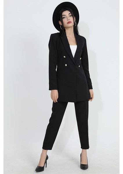 Omuzları Vatkalı Önü Çıtçıtlı Atlas Kumaş Kadın Blazer Ceket - Siyah modelleri