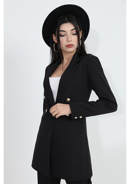 Omuzları Vatkalı Önü Çıtçıtlı Atlas Kumaş Kadın Blazer Ceket - Siyah fırsatları