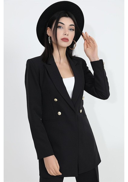 Omuzları Vatkalı Önü Çıtçıtlı Atlas Kumaş Kadın Blazer Ceket - Siyah indirimleri