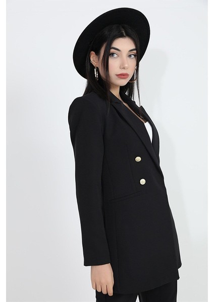 Omuzları Vatkalı Önü Çıtçıtlı Atlas Kumaş Kadın Blazer Ceket - Siyah