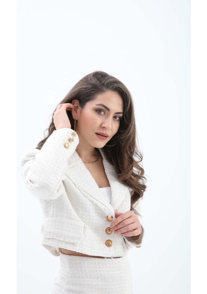 Kruvaze Yaka Cep ve Püskül Detaylı Ceket - Ekru