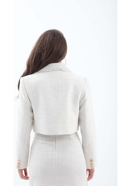 Kruvaze Yaka Cep ve Püskül Detaylı Ceket - Ekru