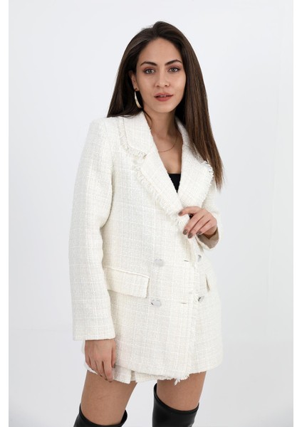 Yakası Püsküllü Düğmeli Tüvit Blazer Ceket - Ekru modelleri