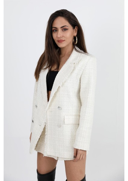 Yakası Püsküllü Düğmeli Tüvit Blazer Ceket - Ekru indirimleri