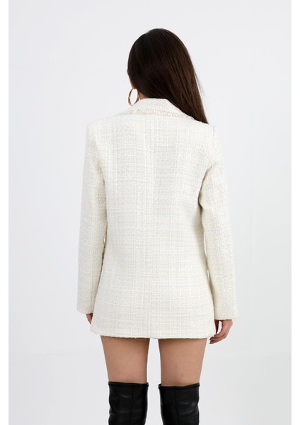 Yakası Püsküllü Düğmeli Tüvit Blazer Ceket - Ekru