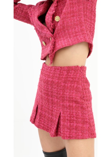 Yüksek Bel Yandan Fermuarlı Chanel Kumaş Şort Etek - Mürdüm