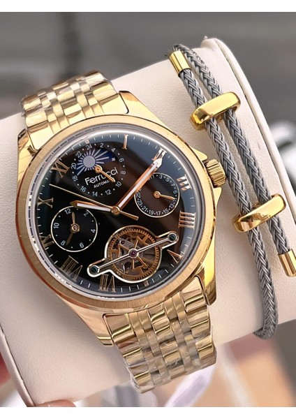Ferrucci Otomatik ve Kurmalı Güneş ve Mehtap Kadranlı Çelik Kordonlu Erkek Kol Saati BFC.03606.3