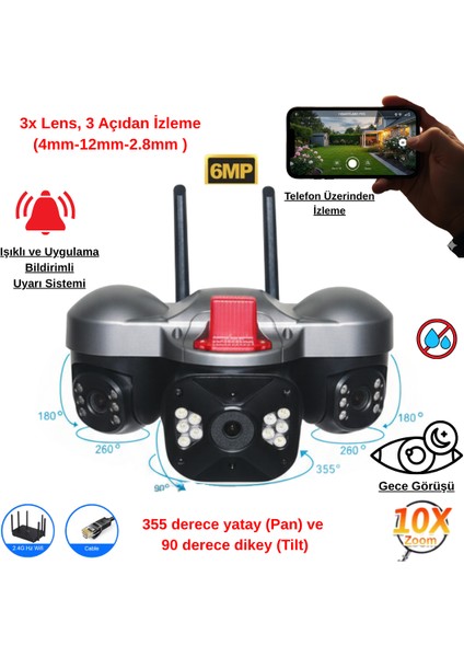 Apronx 6mp Wi-Fi Kamera | 3 Lens Üçlü Görüş Ptz Güvenlik Kamerası | Dış Mekan | Gece Renkli Görüş