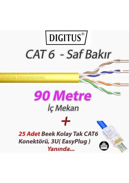 Cat6 90 Metre Saf Bakır U-Utp Data Kablosu Lszh (Low Smoke Zero Halogen) Sarı