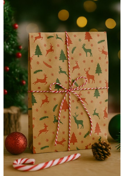 20 Adet Kraft Yılbaşı Desenli Dik Duran Hediye Paketi Ambalaj Kağıdı En 13 Boy 27