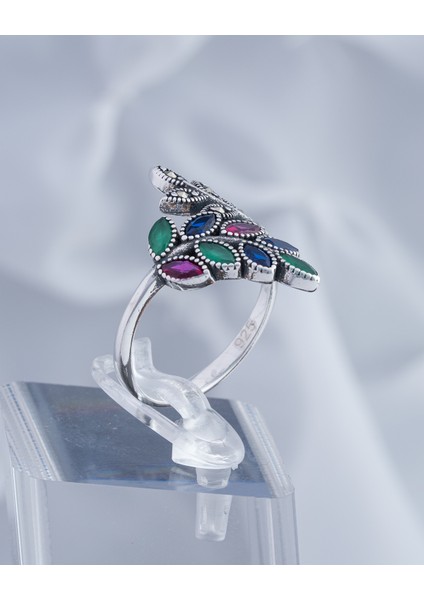 Renkli Doğal Taşlı Yaprak Motifli 925 Ayar Gümüş Kadın Yüzük – Zarif ve Canlı Tasarım modelleri