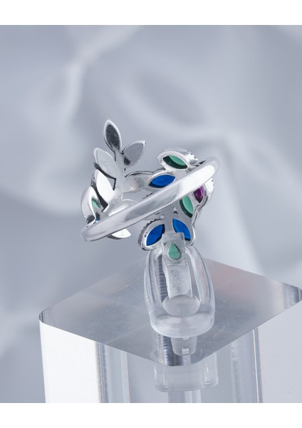 Renkli Doğal Taşlı Yaprak Motifli 925 Ayar Gümüş Kadın Yüzük – Zarif ve Canlı Tasarım fırsatları