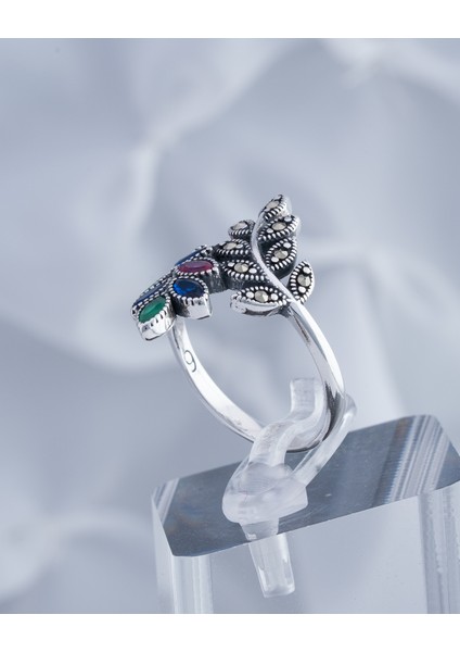 Renkli Doğal Taşlı Yaprak Motifli 925 Ayar Gümüş Kadın Yüzük – Zarif ve Canlı Tasarım indirimleri
