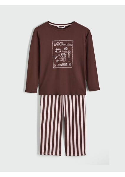 Yeni Sezon Bisiklet Yaka Baskılı Kadın Pijama Takımı