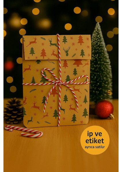 20 Adet Kraft Yılbaşı Desenli Dik Duran Hediye Kutusu Ambalaj Paketi 13X24