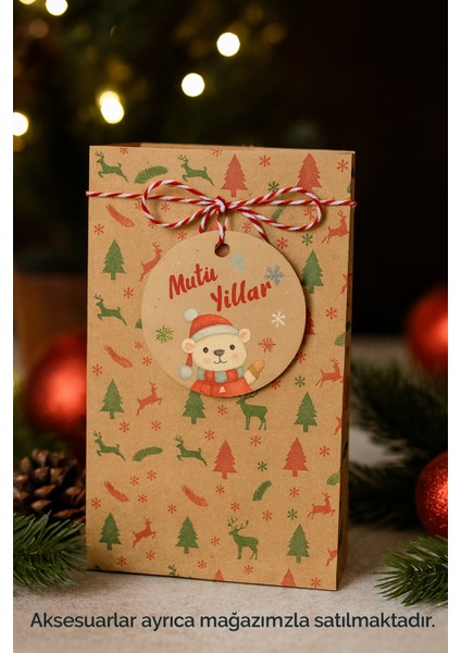 20 Adet Kraft Yılbaşı Desenli Dik Duran Hediye Kutusu Ambalaj Paketi 13X24 indirimleri