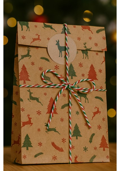 20 Adet Kraft Yılbaşı Desenli Dik Duran Hediye Kutusu Ambalaj Paketi 13X24