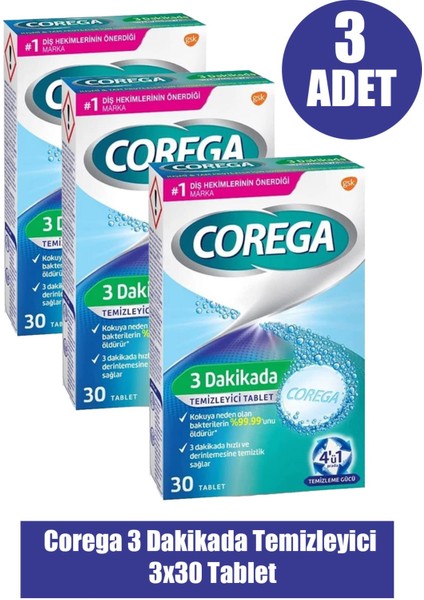 Asfstore Corega 3 Dakikada Temizleyici 30 Tablet 3 Adet fiyatları