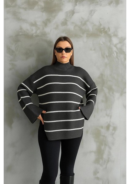 Çizgili Ispanyol Kol Triko Boğazlı Kazak Antrasit Elf modelleri