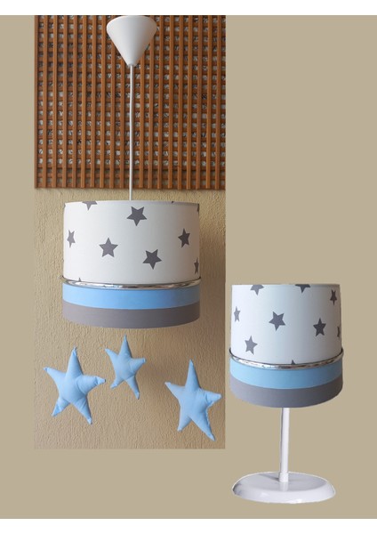 Beyaz Gri Mavi Yıldızlı M-0404 Kumaş Kaplama 2.li Set Çocuk Odası ve Bebek Odası Avize ve Abajur Takımı