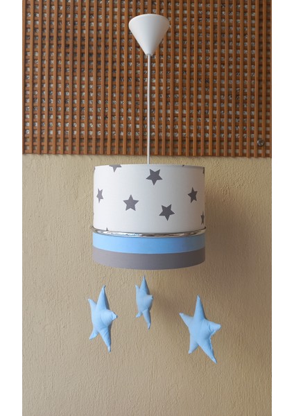 Beyaz Gri Mavi Yıldızlı M-0404 Kumaş Kaplama 2.li Set Çocuk Odası ve Bebek Odası Avize ve Abajur Takımı fiyatları