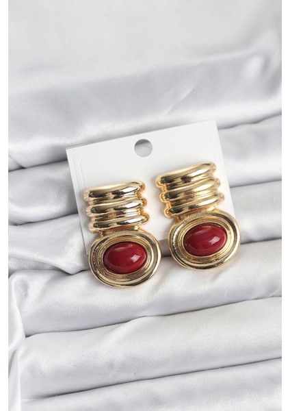 Pirinç Gold Bordo Renk Vintage Kadın Küpe