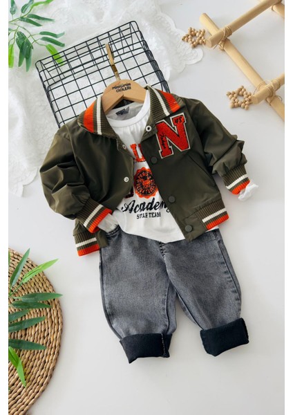 N Panç Işleme Detaylı Erkek Çocuk 3 lü takım - Yeşil