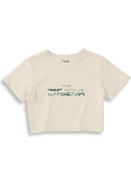 The Great Wave Of Kanagawa Crop Tişört - Ekru