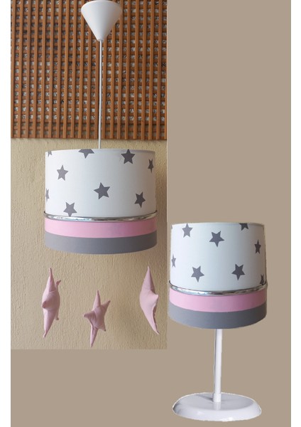 Beyaz Gri Pembe Yıldızlı M-0403 Kumaş Kaplama 2.li Set Çocuk Odası ve Bebek Odası Avize ve Abajur Takımı