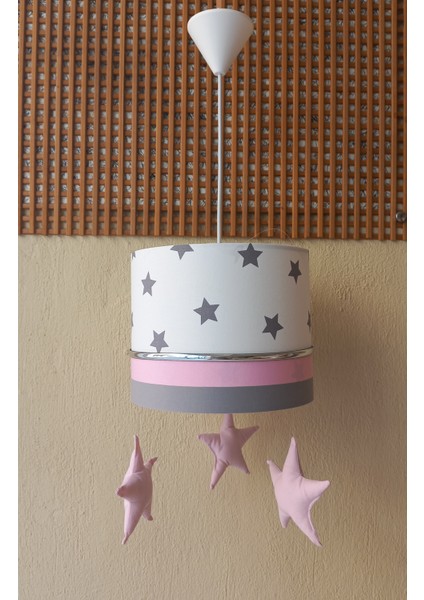 Beyaz Gri Pembe Yıldızlı M-0403 Kumaş Kaplama 2.li Set Çocuk Odası ve Bebek Odası Avize ve Abajur Takımı fiyatları