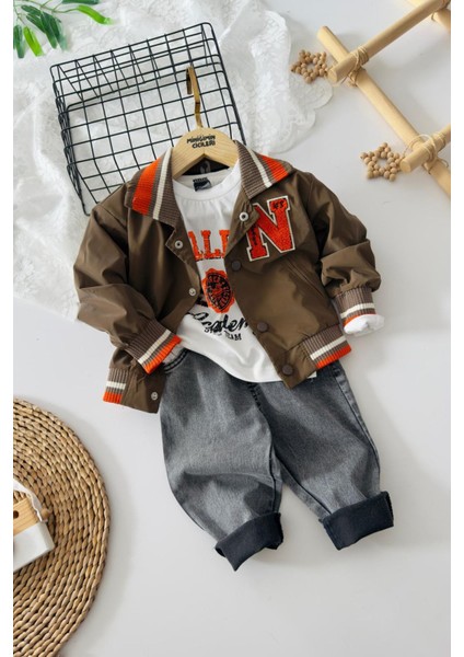 N Panç Işleme Detaylı Erkek Çocuk 3 lü takım - Kahve