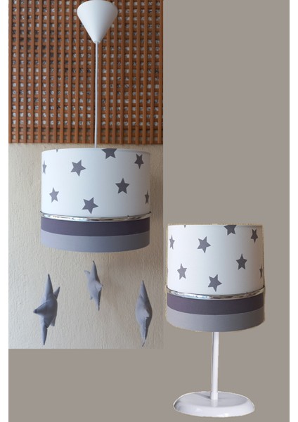 Beyaz Gri Yıldızlı M-0402 Kumaş Kaplama 2.li Set Çocuk Odası ve Bebek Odası Avize ve Abajur Takımı