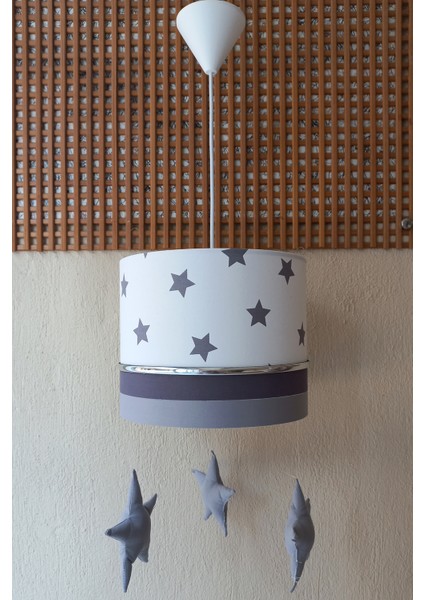 Beyaz Gri Yıldızlı M-0402 Kumaş Kaplama 2.li Set Çocuk Odası ve Bebek Odası Avize ve Abajur Takımı fiyatları